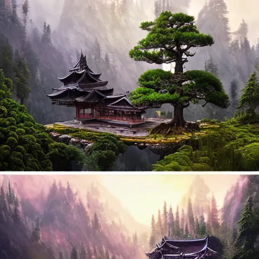 Image similar to A beautiful hyper realistic detailed matte painting of a bonsai tree shaped temple nestled in forest mountains by John Howe and Albert Bierstadt and Alena Aenami and dan mumford and dave noton, unreal engine, trending on behance