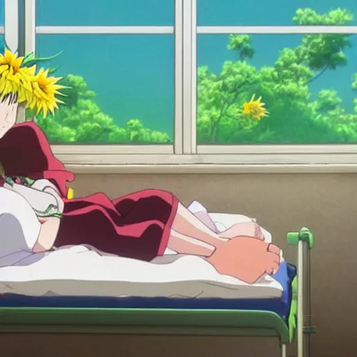 Prompt: a boy with long green hair lies in a hospital bed with a bunch of sunflowers by the window, by mamoru hosoda, hayao miyazaki, makoto shinkai