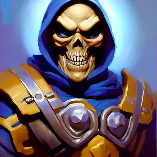 Image similar to Greg Manchess portrait painting of Skeletor as Overwatch character, totally wacky, medium shot, asymmetrical, profile picture, Organic Painting, sunny day, Matte Painting, bold shapes, hard edges, street art, trending on artstation, by Huang Guangjian and Gil Elvgren and Sachin Teng