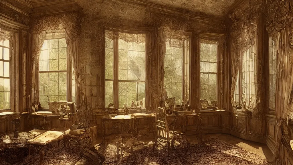 Image similar to richly decorated Victorian house, beautiful, detailed wood, photorealistic, photorealism, the autumn light comes in through a window, diffuse light, cybernetics