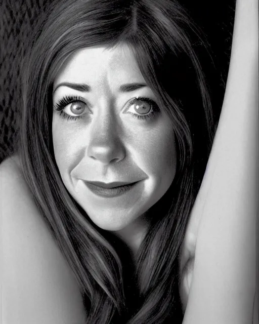 Image similar to award winning photo of Alyson Hannigan, chesterfield lounge, symmetrical face, beautiful eyes, studio lighting, wide shot art by Sally Mann & Arnold Newman