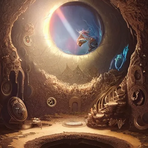 Prompt: highly detailed, intricate beautifully stunning picture of a cosmic aquarium in the middle of a keyhole portal overlooking the desert, stunning atmosphere, huge black glowing sun, matte painting by Andrei Riabovitchev, Shaun Tan and Peter Mohrbacher