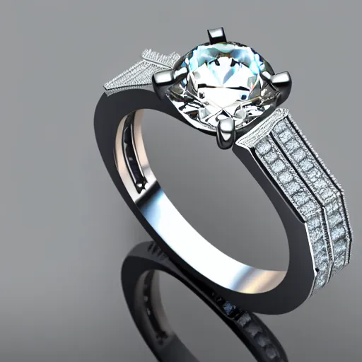 Image similar to photo of a wedding ring with two diamonds outside and one in the middle, photo realistic, hyper detailed, concept art