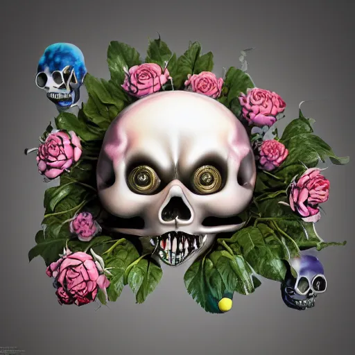 Prompt: Takashi Murakami, 3d render, octane render, A beautiful oil painting hyperrealism of a growing roses out of a skull head, bulging eyes, rotten green skin, grey beard, blue veins, skull bones flowers, 8k resolution, octane render, Trending on artstation, by Gediminas Pranckevicius, zdzisław beksiński, h.r. giger, dan mumford and jeffrey smith, volumetric light 2blue fractal Thunder glow, anaglyph effect, Laurie Lipton