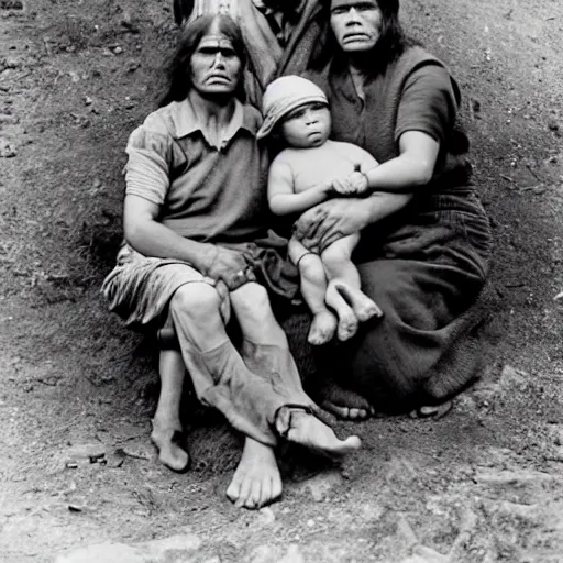 Prompt: a family of Neanderthals photographed by Dorothea Lange