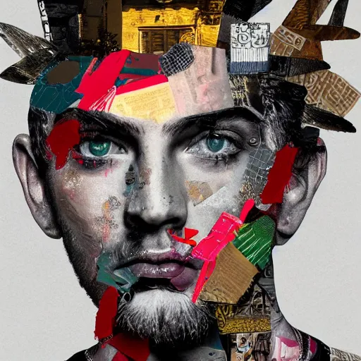 Prompt: roman god, contemporary collage, highly detailed, digital painting, 4 k, hdr, punk, fashion, smooth, sharp focus, art by nick knight, sandra chevrier and john hoyland