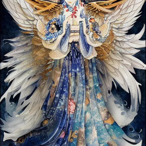 Image similar to highly detailed japanese watercolor painting of an angel in flight, intricate, elegant, digital painting, artstation, ayami kojima