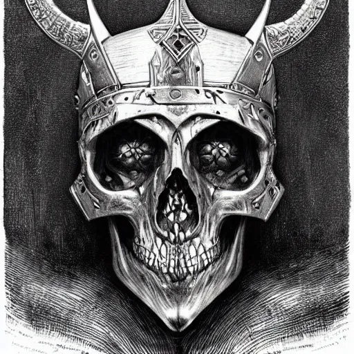 Prompt: viking king wearing a skull mask, engraving, concept art, elden ring, illustration, smooth, sharp focus, by gustave dore and greg rutkowski