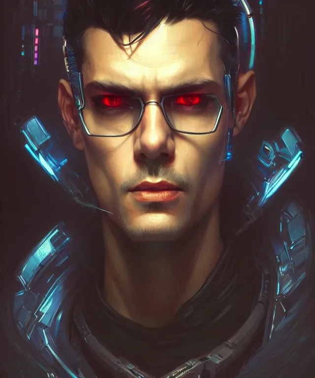 Image similar to Hacker cyberpunk man portrait, highly detailed, digital painting, artstation, concept art, smooth, sharp focus, illustration, art by artgerm and greg rutkowski and alphonse mucha