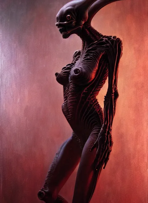 Prompt: ultra realist horror painting of a dimly lit attractive alien female and hellish creature together, very intricate details, focus, curvy figure, model pose, full frame image, artstyle hiraku tanaka and craig mullins, award winning