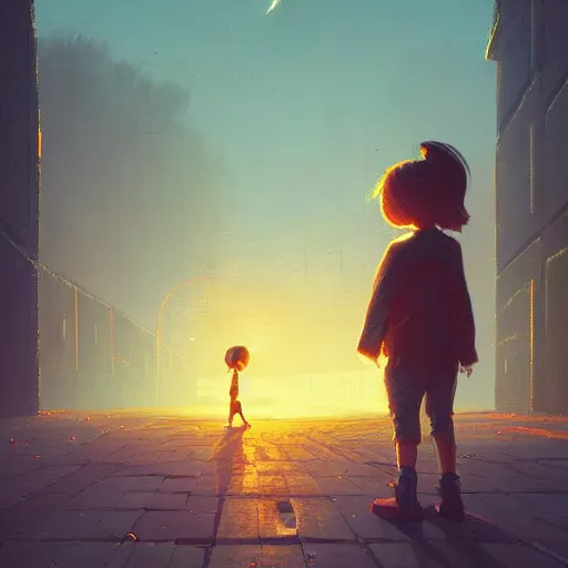 Image similar to digital painting of child playing with a huge humanoid robot in a park, sunset, a dark dystopian city behind a huge wall, dystopian, stunning, cinematic lighting, concept art by greg rutkowski and simon stalenhag and wlop, artstation