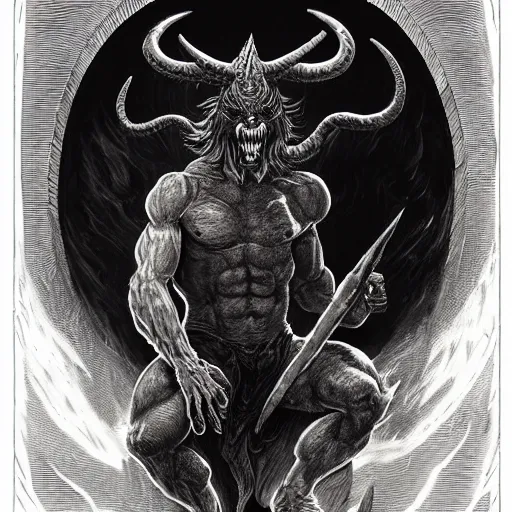 Prompt: full body, grayscale, muscled humanoid balrog demon, horns, claws, large horned tail, heroic pose, flames, fire, tarot, Gustave Dore, Greg Rutkowski,