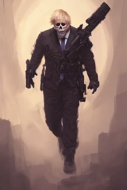 Image similar to a hyper realistic portrait of a Boris Johnson as Punisher, skull image on the vest, highly detailed, digital painting, artstation, concept art, smooth, sharp focus, illustration, cinematic lighting, art by artgerm and greg rutkowski and alphonse mucha