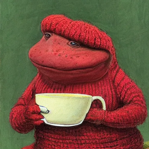 Prompt: a cute illustration of mrs Toad sitting and drinking tea. Lovely painting of a toad in a red sweater, by James Gurney