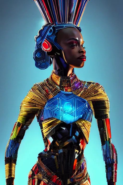 Image similar to full body portrait of the African Android Queen, by DC comics and Sandra Chevrier and beeple, artstation, volumetric lighting, hyperrealism, award winning costume design, fine textures, electric weave, 4k UHD, 50mm