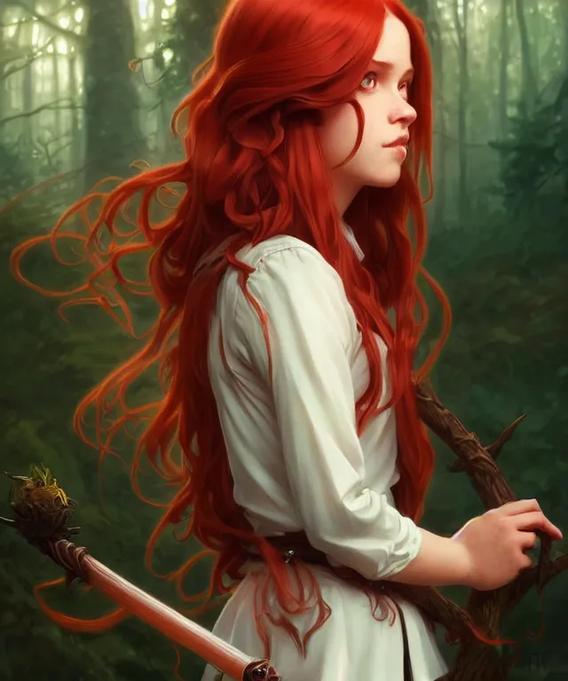 Image similar to portrait cute female, magic school uniform, fantasy forest landscape, dnd fantasy magic, long red hair, cinematic rim light, intricate, elegant, highly detailed, digital painting, artstation, concept art, smooth, sharp focus, illustration, art by artgerm and greg rutkowski and alphonse mucha