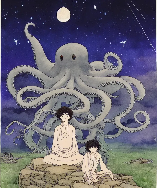 Prompt: a hyperrealist studio ghibli watercolor fantasy concept art. in the foreground is a giant grey octopus sitting in lotus position on top of stonehenge with shooting stars all over the sky in the background. by rebecca guay, michael kaluta, charles vess