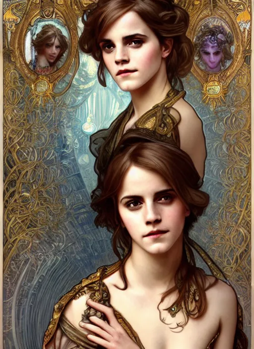 Image similar to Emma Watson as God of Beauty, cute, fantasy, intricate, elegant, highly detailed, digital painting, 4k, HDR, concept art, smooth, sharp focus, illustration, art by alphonse mucha,artgerm, H R Giger