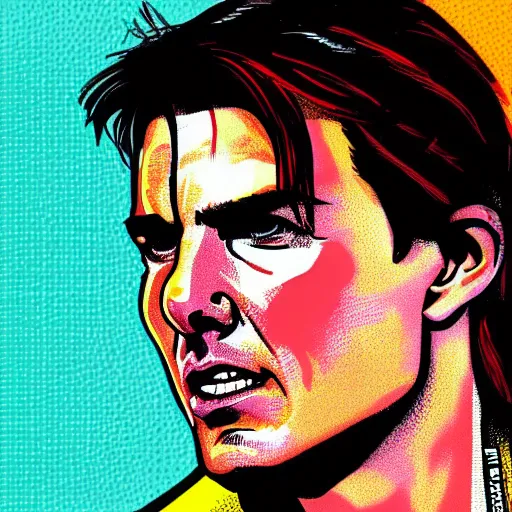 Image similar to portrait pop art comic illustration of Tom Cruise, profile view, bright colors, high detail, angry, sullen