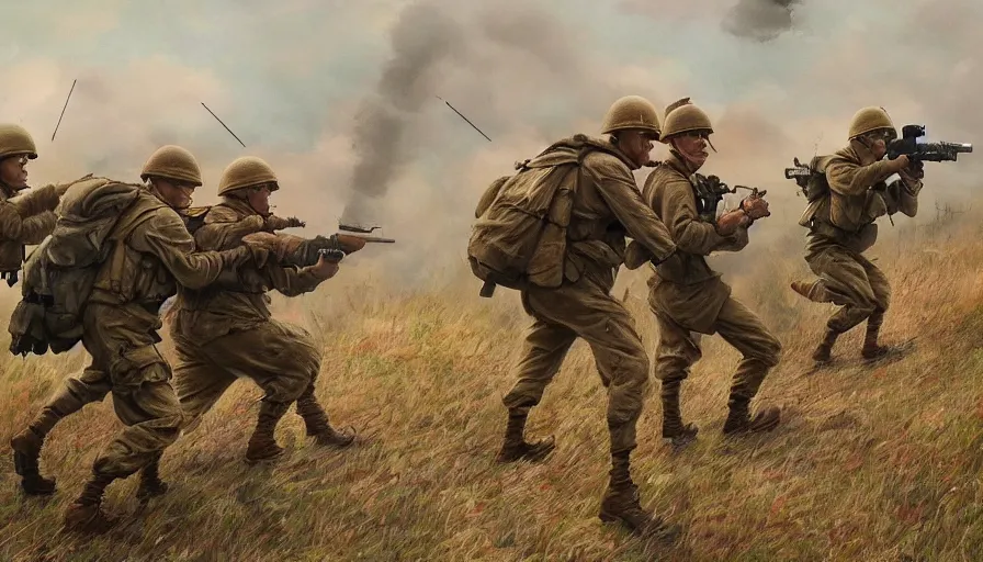 Image similar to 4 0's photos of winnie the pooh firing at german soldiers during d - day in normandy, hyperdetailed, artstation, cgsociety, 8 k