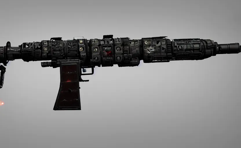 Prompt: extremely detailed side view of a sci fi rifle, chemically propelled, railgun, bullpup, with tubes and wiring, massive tank. caseless ammunition, ultra quality, realistic, octane render, call of duty, warframe, deviantart