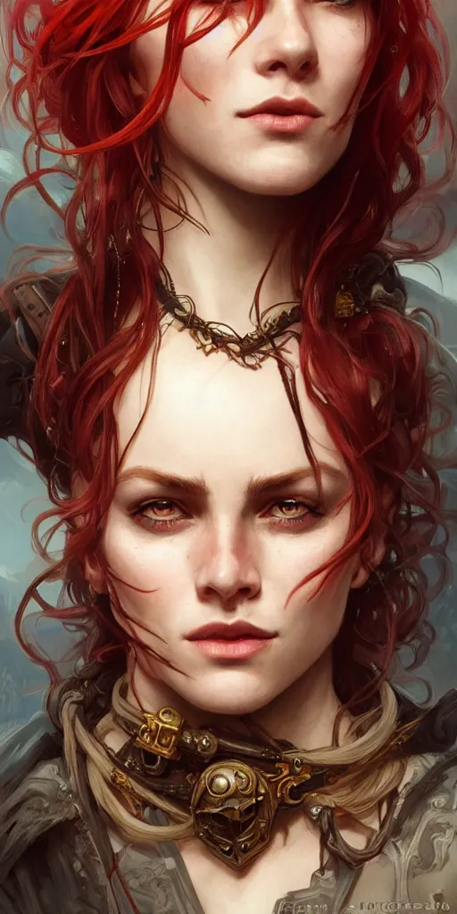 Image similar to portrait of a young ruggedly beautiful but joyful pirate, female, femenine, upper body, red hair, long hair, d & d, fantasy, piercing eyes, intricate, elegant, highly detailed, digital painting, artstation, concept art, matte, sharp focus, illustration, art by artgerm and greg rutkowski and alphonse mucha