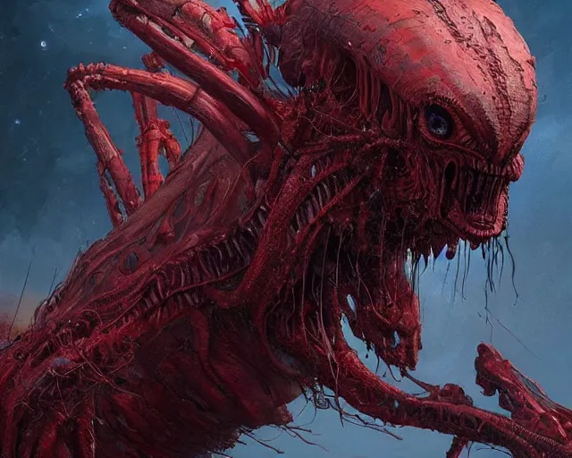 Image similar to alien creature, red, eyes growing on creature, spindly ; high detailed artwork by greg rutkowski ; sci - fi, detailed, scary, dangerous ; trending on artstation!!