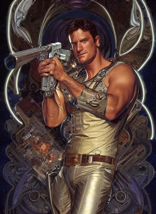 Image similar to Nathon Fillion as a ruggedly handsome space cowboy, intricate, elegant, highly detailed, centered, digital painting, artstation, concept art, smooth, sharp focus, illustration, art by artgerm and donato giancola and alphonse mucha