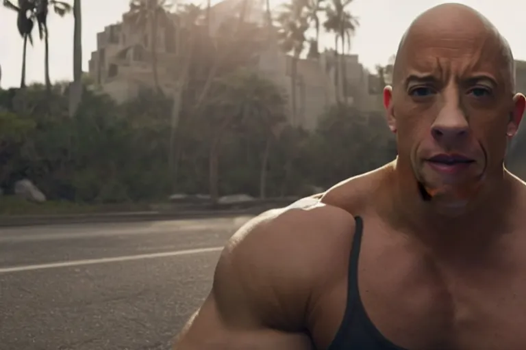 Image similar to vin diesel as dwayne johnson flexing and yelling let's go!, fast furious, low perspective, isometric perspective, cinematic still, movie still, long lens, shallow depth of field, bokeh, anamorphic lens flare, 8 k, hyper detailed, 3 5 mm film grain