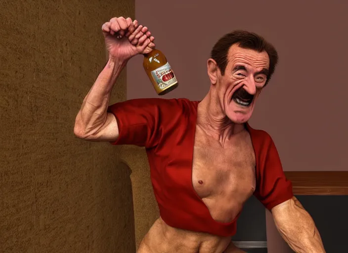 Image similar to barry chuckle chugging a bottle of snake oil, artwork by richard corben, 3 d, high resolution 8 k