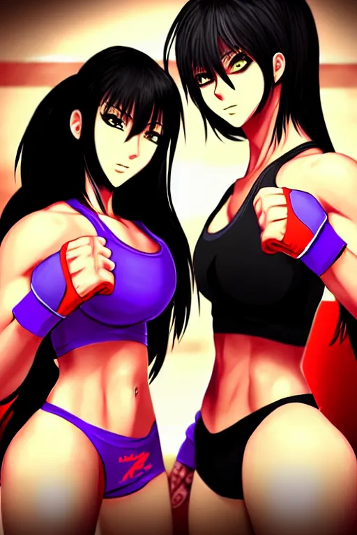 Prompt: two beautiful female fighters facing each other in the gym, dim lighting, gorgeous features, high definition, sharp focus, detailed digital anime art