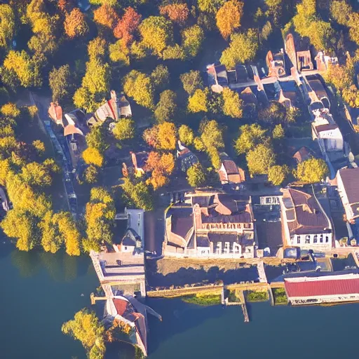 Image similar to bird's eye view photography of a small city. town hall, central farm, dock. hills, woods, and lake to the north.