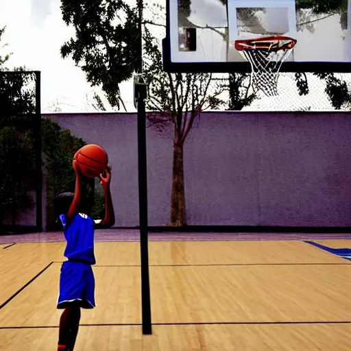 Prompt: a kid shooting a basketball at the basketball court, animation