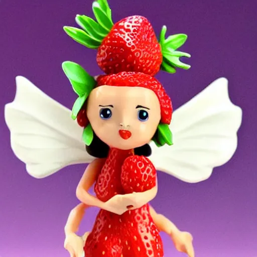 Prompt: a femo figurine of a cute funny strawberry fairy made of strawberries and human