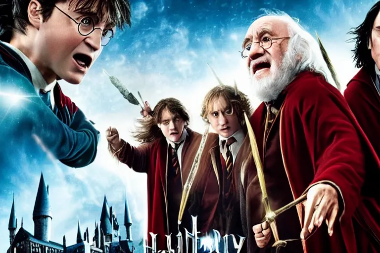 Image similar to Movie poster for Harry Potter with Danny DeVito as Albus Dumbledore and Keanu Reeves as Severus Snape