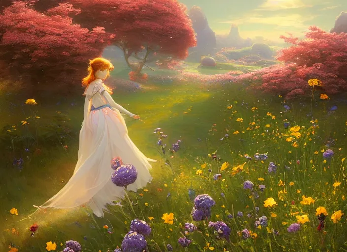 Prompt: a lone princess walks through a vast flower field in the cosmic sky by guweiz and peder mørk mønsted and delphin enjolras and vladimir volegov