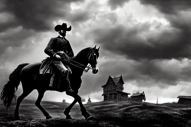 Image similar to an extremely detailed masterpiece photograph of a 1 8 9 0's gunslinger on his horse overlooking an old town, in the style of frederic remington, epic scene, extremely moody lighting, cinematic, 8 k