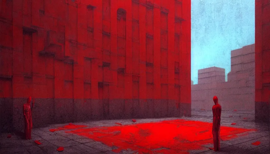 Image similar to only with red, soviet communism horror brutalist architecture apocalyptic with soviet flag, crowd cheering, in the style of beksinski and edward hopper and rodcenko and yue minjun and cory loftis, intricate and epic composition, red by caravaggio, highly detailed, masterpiece, red light, artstation, art nouveau