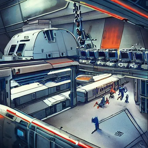 Image similar to “in the hangar of a space station looking up at an immense transport frigate space cruiser with graffiti on its side. Several robots are working on the docked spaceship.”