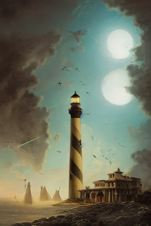 Prompt: Detailed Exterior Shot of Ancient Alexandria Lighthouse, green light, moonlight shafts, flock of birds, epic atmosphere, in Style of Peter Mohrbacher, cinematic lighting