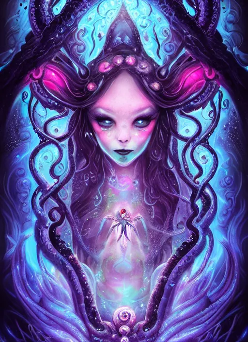 Image similar to A full shot of a dark fairy from the Abyss covered in opal. Symmetrical. Underwater. Lit from above. Dark foreboding Atmosphere. Sailor Moon. Tentacles. Kawaii. Neon glow. By Lisa Frank and HR Giger and Ross Tran. Key Art. Fantasy Illustration. award winning, Artstation, intricate details, realistic, Hyperdetailed, 8k resolution. Photoreal. Octane Render.