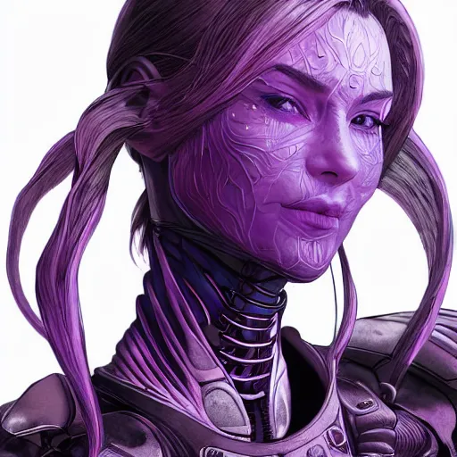 Prompt: close up portrait of a woman in smooth purple sci - fi armor, long black ponytail, elegant, intense, woman, an ultrafine hyperdetailed illustration by kim jung gi, irakli nadar, intricate linework, sharp focus, bright colors, octopath traveler, final fantasy, unreal engine 5, global illumination, radiant light