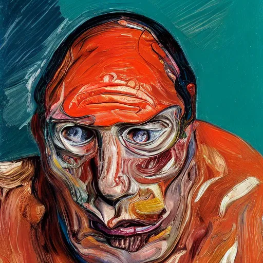 Image similar to high quality high detail expressionist painting of a man in agony by lucian freud and jenny saville and francis bacon, hd, anxiety, turquoise and orange