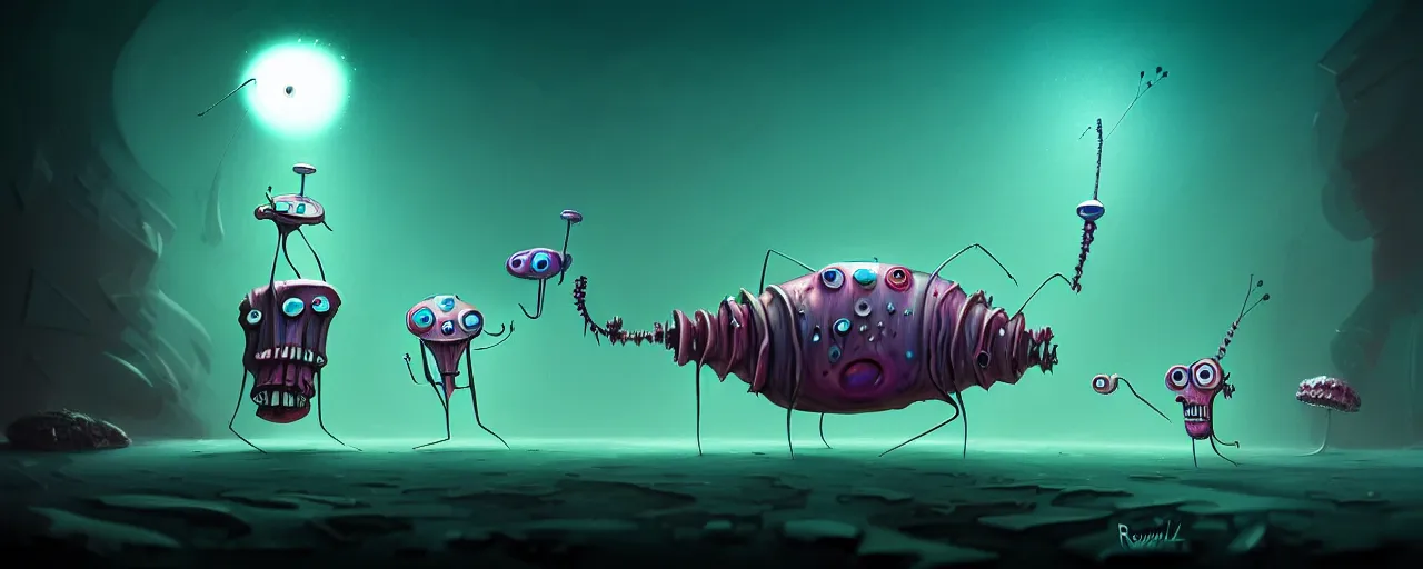 Image similar to wild whimsical plankton mutants from the depths of a wasteland deep in the imaginal realm, dramatic lighting, surreal fleischer cartoon characters, shallow dof, surreal painting by ronny khalil
