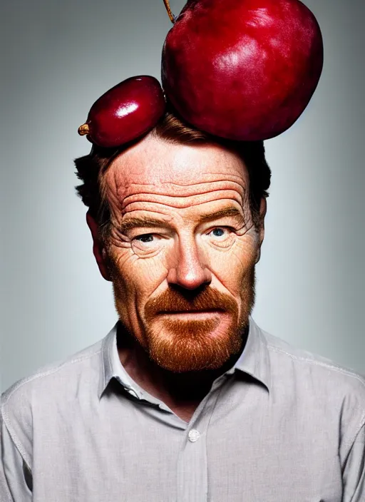 Image similar to bryan cranston with a huge cranberry on his head, cranberry helmet, studio light, bloom, detailed face, magazine, press, photo, steve mccurry, david lazar, canon, nikon, focus