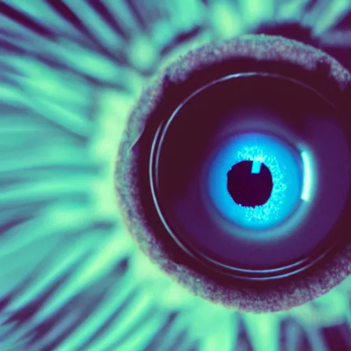 Prompt: a close up of a flower camera with an eyeball for a lens. cyberpunk art by beeple, flickr contest winner, computer art, bokeh, octane render, shallow depth of field