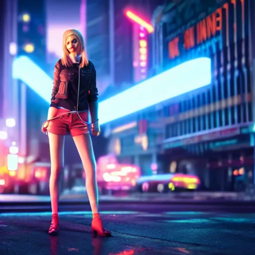 Image similar to Annie Leonhart in a neon city, octane render 8k, atmospheric render