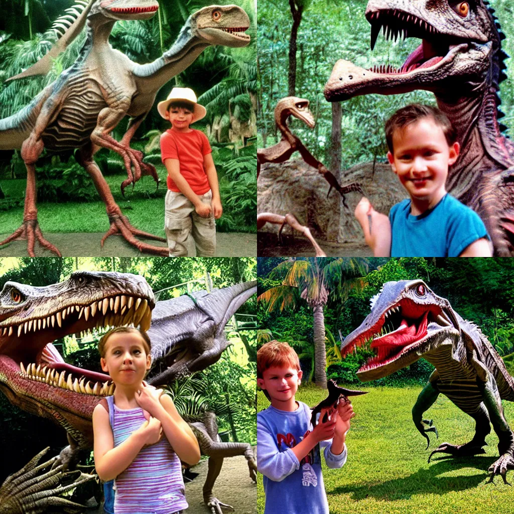 Prompt: child posing with velociraptor at Jurassic Park, vacation photo, 1999, detailed, 4k