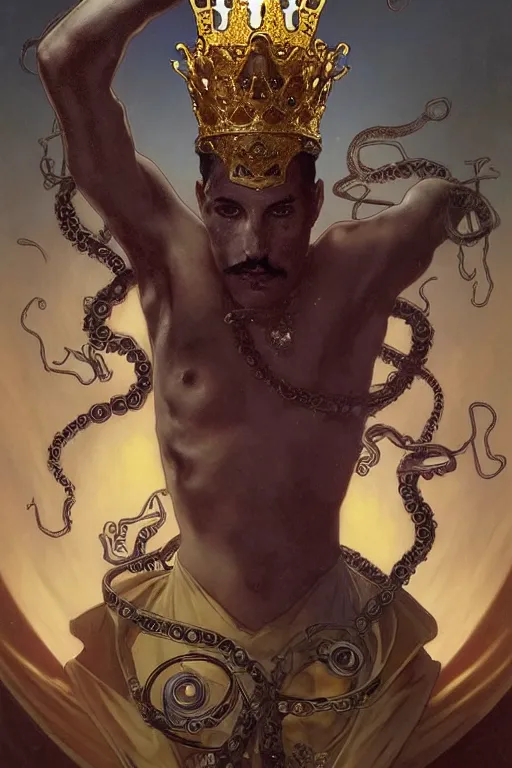 Image similar to Freddy mercury from queen, a golden crown floating above his head, tentacles coming out the ground art by Artgerm and Greg Rutkowski and Alphonse Mucha and Craig Mullins and James Jean and Andrei Riabovitchev and Marc Simonetti and peter mohrbacher, sharp focus, ominous, cosmic horror, trending on artstation, Ultra detailed, hyper realistic 4k