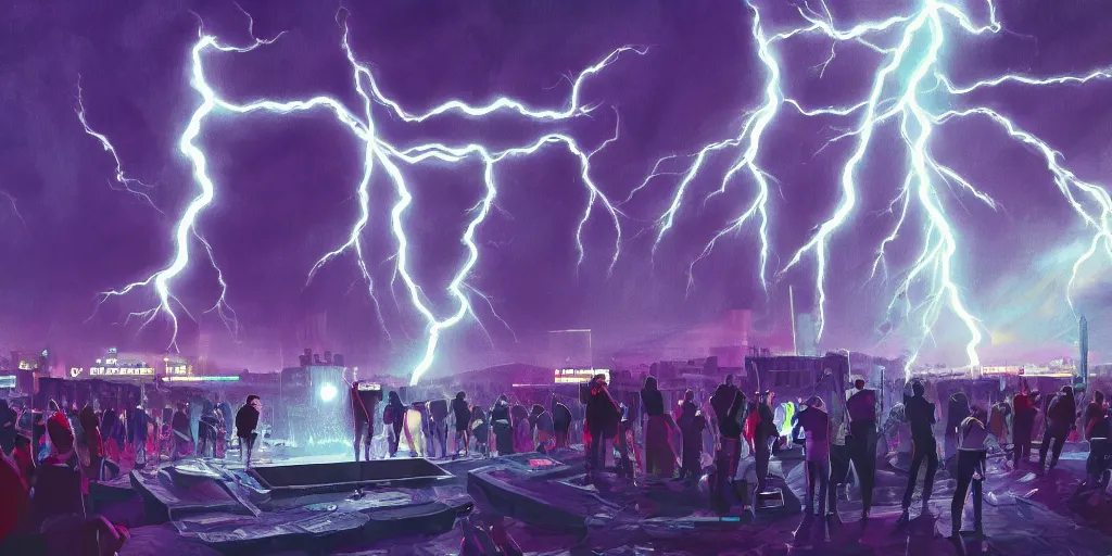 Prompt: Lightning storm while lady rapper performs on stage, digital art, vapor wave, hip hop, blade runner, trending on Artstation, professional artist, detailed, 4k